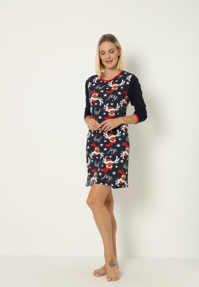 Camasa de noapte Craciun,imprimeu reni,culoare bleumarin ,En-gros